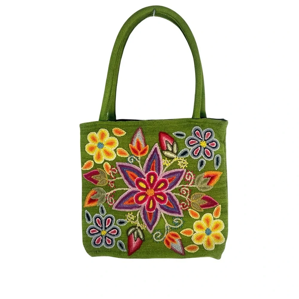 handmade Peruvian floral embroidered woven wool tote lime greenb 13x14 - Picture 10 of 12